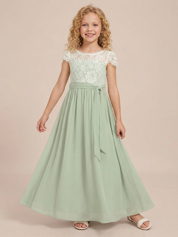 Chiffon A-Line Crew Neck Long Flower Girl Dresses with Lace Applique