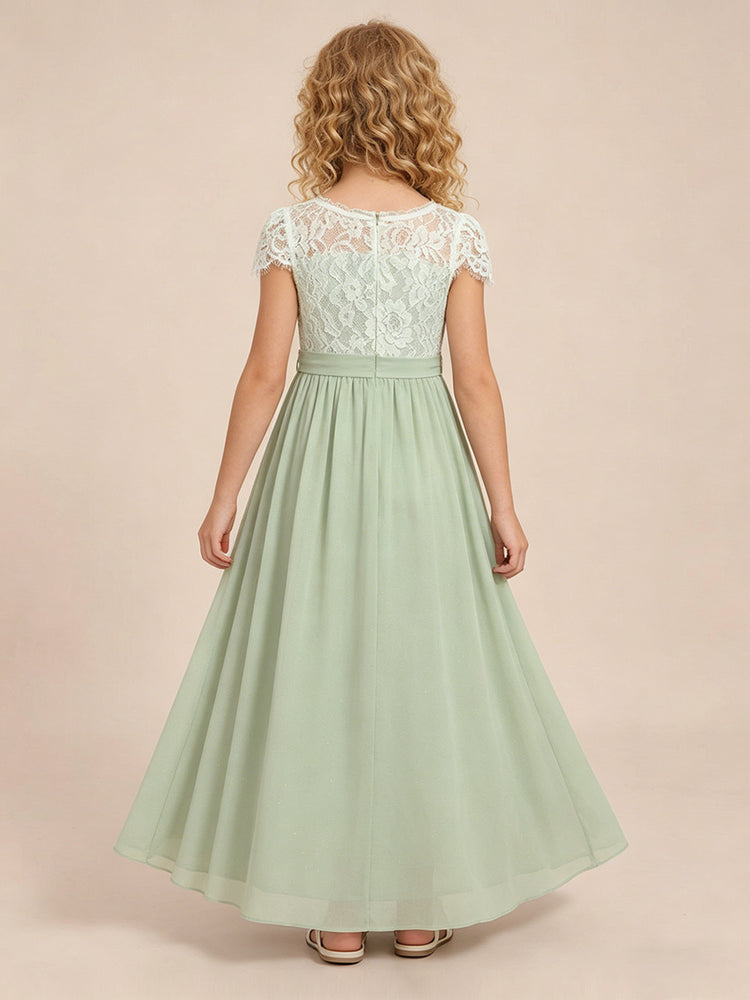 Chiffon A-Line Crew Neck Long Flower Girl Dresses with Lace Applique