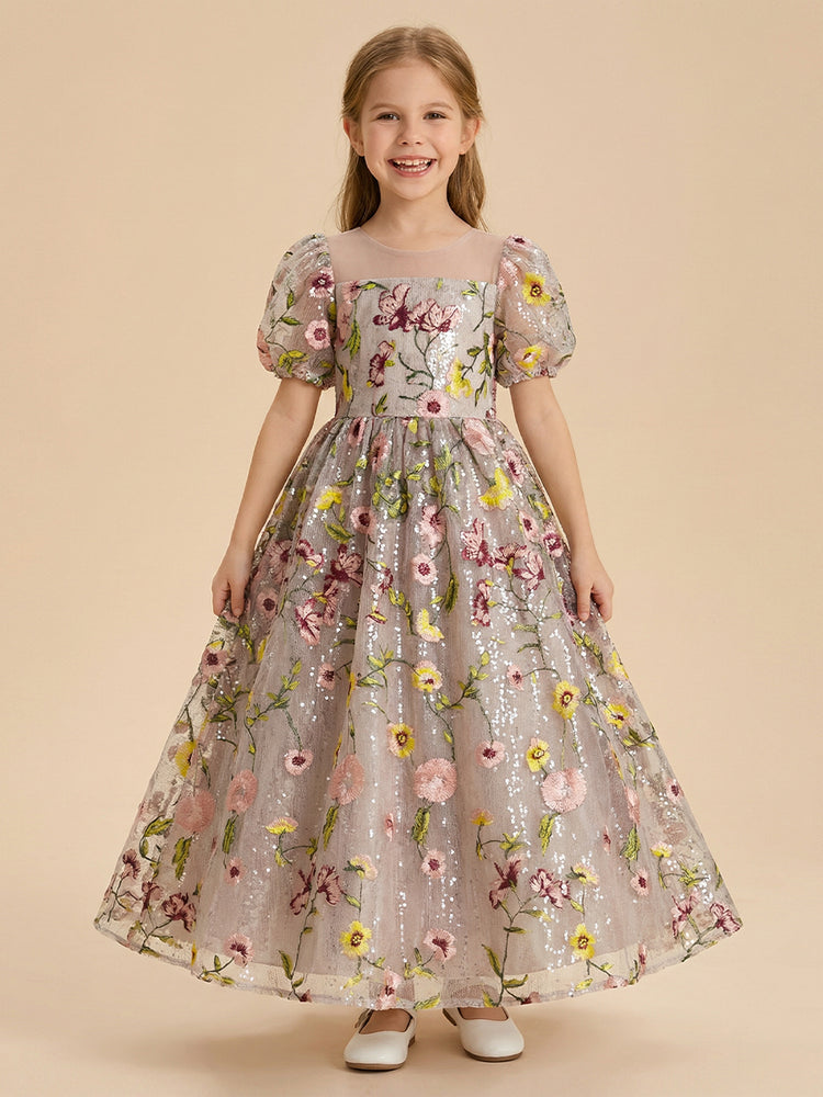 Tulle A-Line Crew Neck Long Flower Girl Dresses with Floral Embroidery
