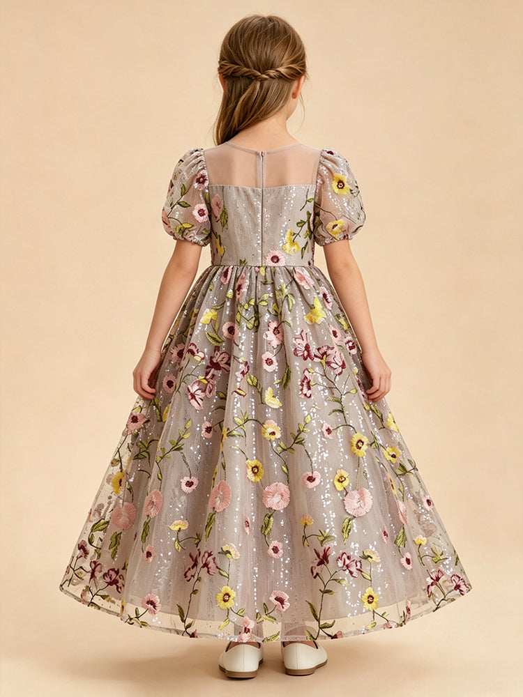Tulle A-Line Crew Neck Long Flower Girl Dresses with Floral Embroidery