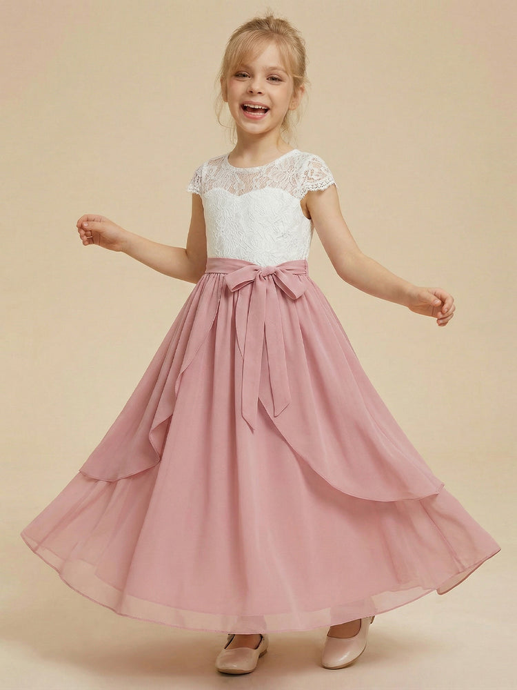 Chiffon A-Line Crew Neck Long Flower Girl Dresses with Lace Applique