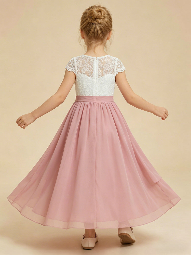 Chiffon A-Line Crew Neck Long Flower Girl Dresses with Lace Applique