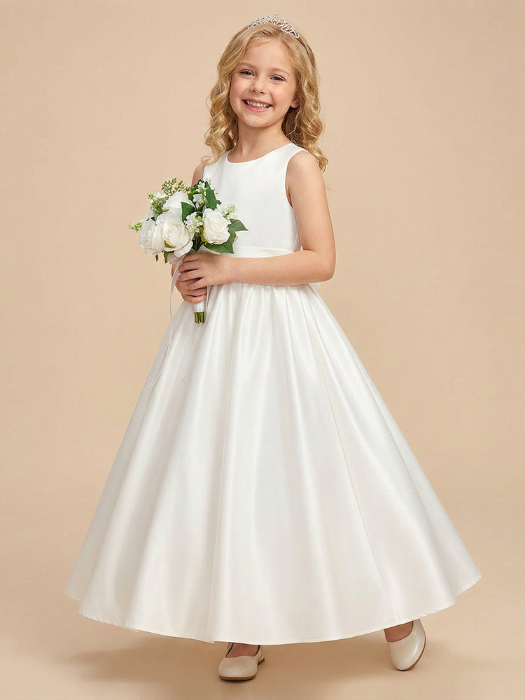 Satin A-Line Crew Neck Long Flower Girl Dresses with Pleated
