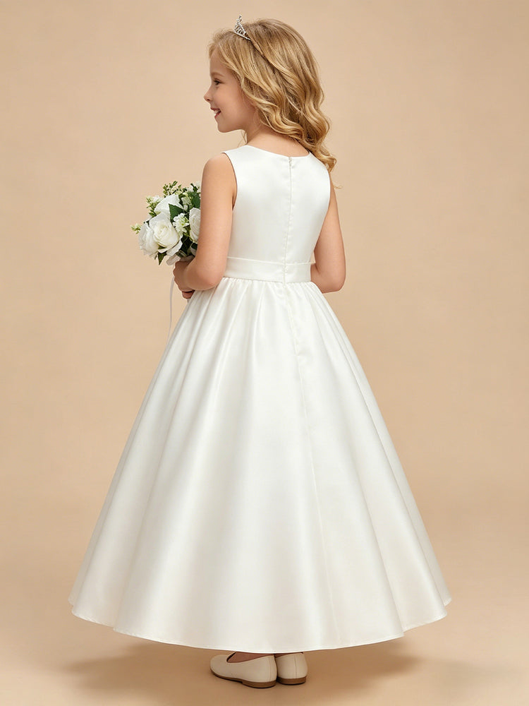 Satin A-Line Crew Neck Long Flower Girl Dresses with Pleated