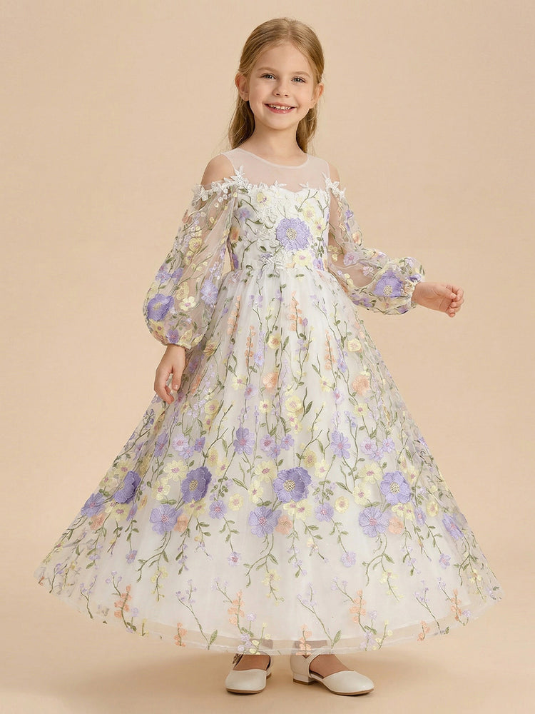 Tulle A-Line Crew Neck Long Flower Girl Dresses with Floral Embroidery