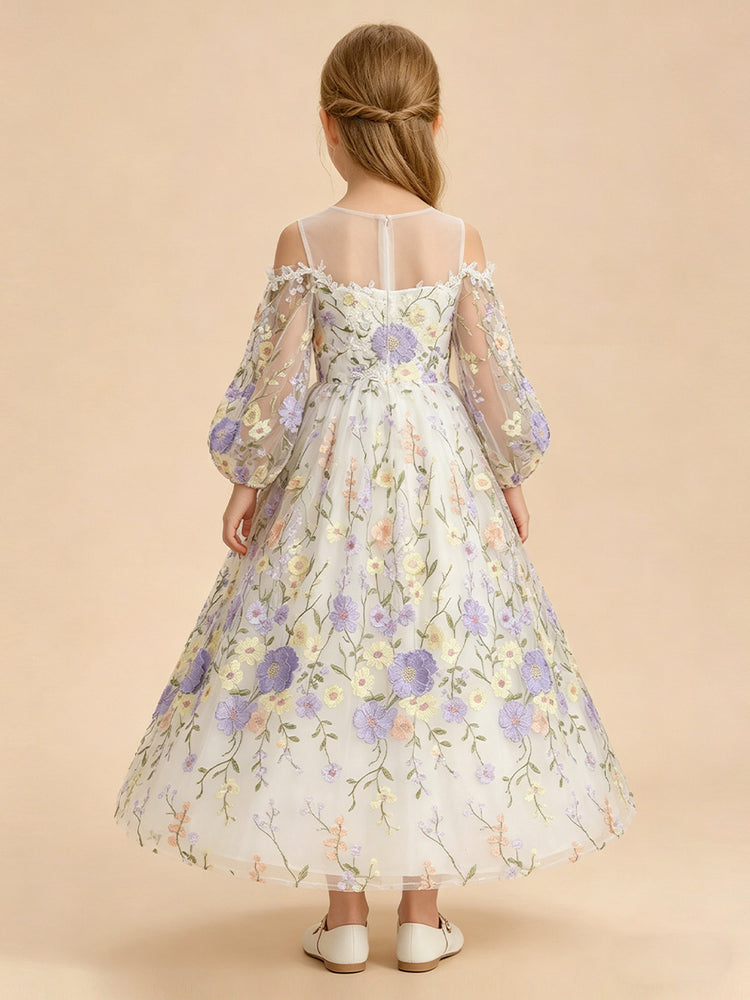 Tulle A-Line Crew Neck Long Flower Girl Dresses with Floral Embroidery
