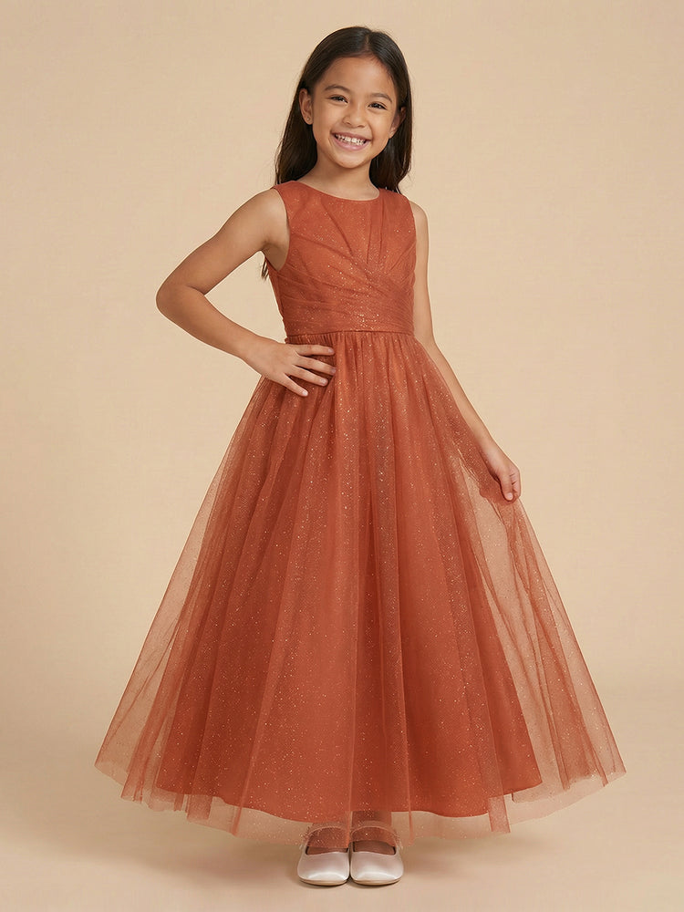 Tulle A-Line Crew Neck Long Flower Girl Dresses with Pleated