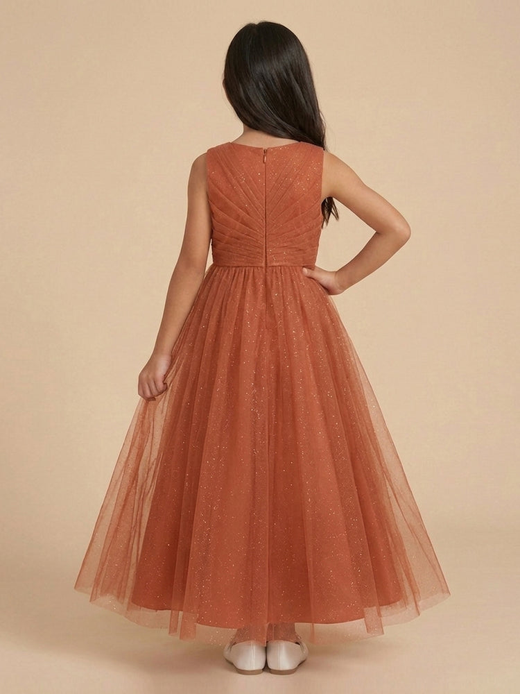 Tulle A-Line Crew Neck Long Flower Girl Dresses with Pleated