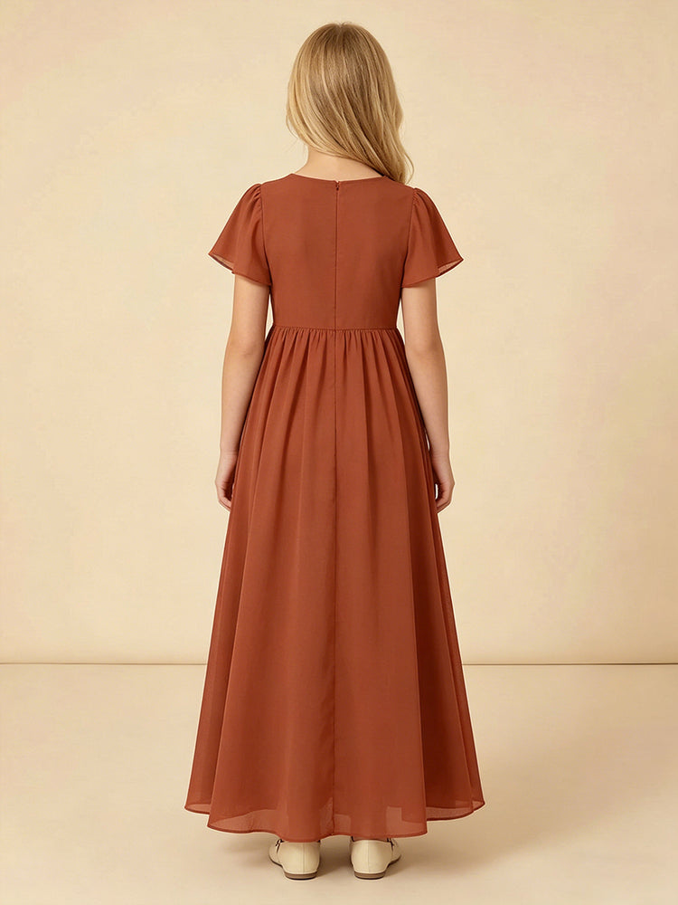 Chiffon A-Line Crew Neck Long Flower Girl Dresses with Pleated