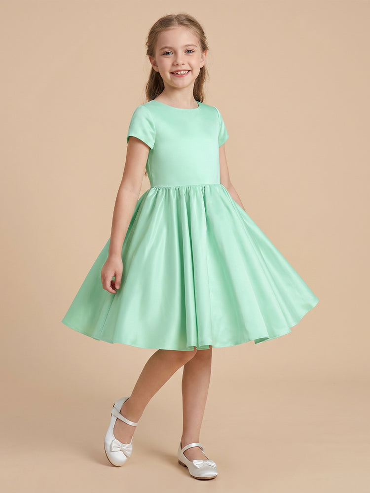 Satin A-Line Crew Neck Long Flower Girl Dresses with Pleated