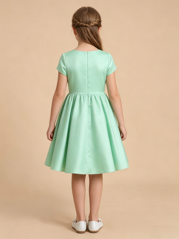Satin A-Line Crew Neck Long Flower Girl Dresses with Pleated