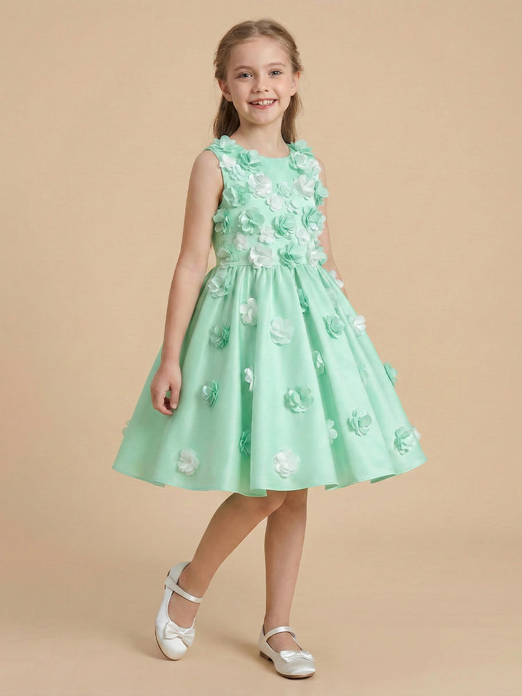 Satin A-Line Crew Neck Long Flower Girl Dresses with 3D Flowers
