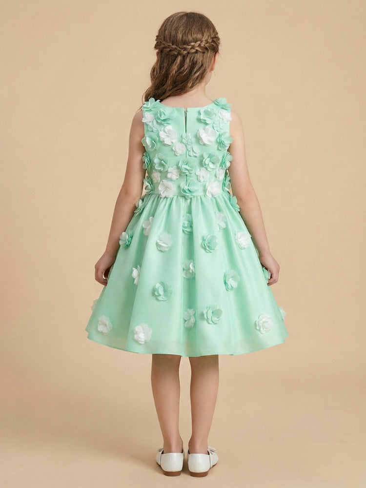 Satin A-Line Crew Neck Long Flower Girl Dresses with 3D Flowers