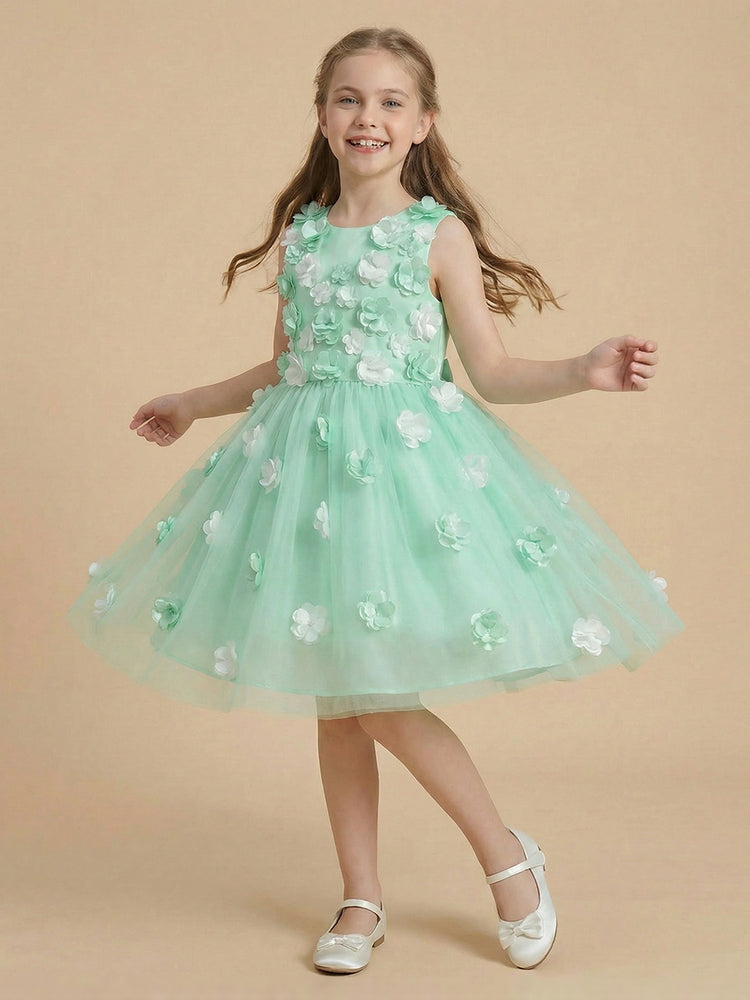 Tulle A-Line Crew Neck Long Flower Girl Dresses with 3D Flowers