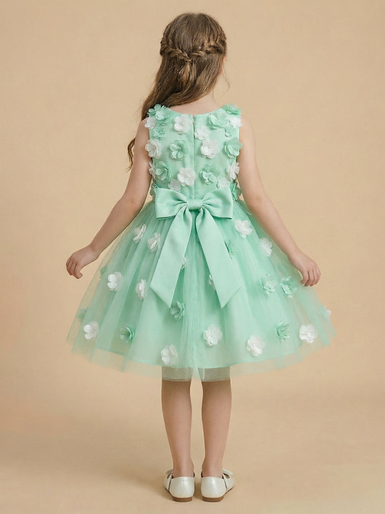 Tulle A-Line Crew Neck Long Flower Girl Dresses with 3D Flowers