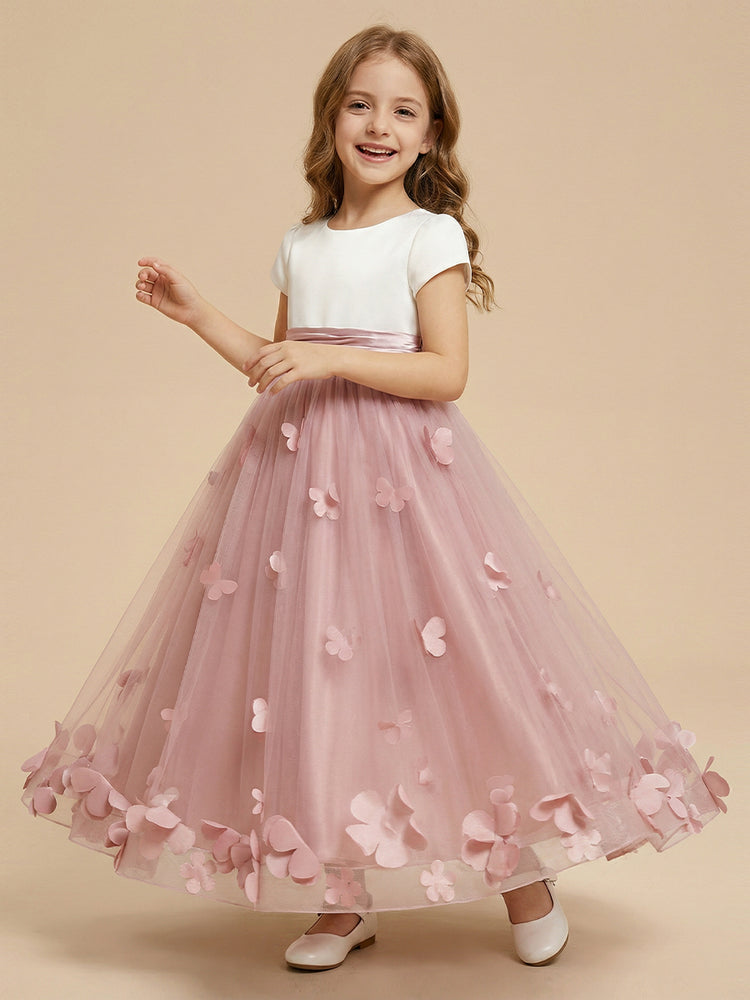 Tulle A-Line Crew Neck Long Flower Girl Dresses with 3D Flowers