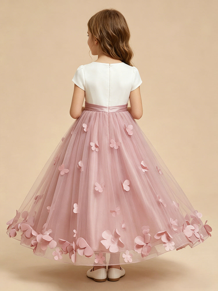 Tulle A-Line Crew Neck Long Flower Girl Dresses with 3D Flowers