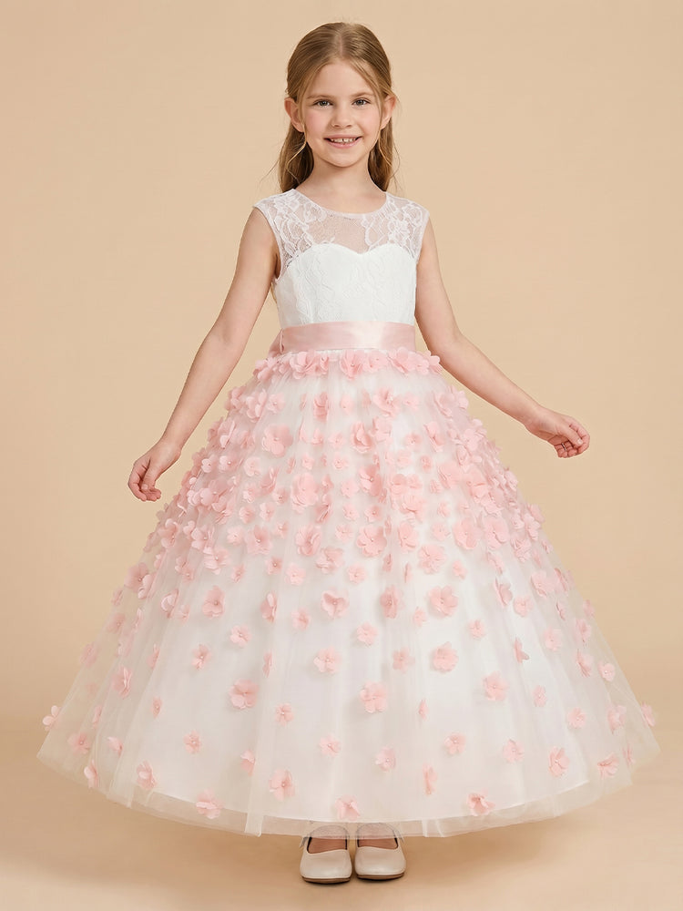 Tulle A-Line Crew Neck Long Flower Girl Dresses with 3D Flowers