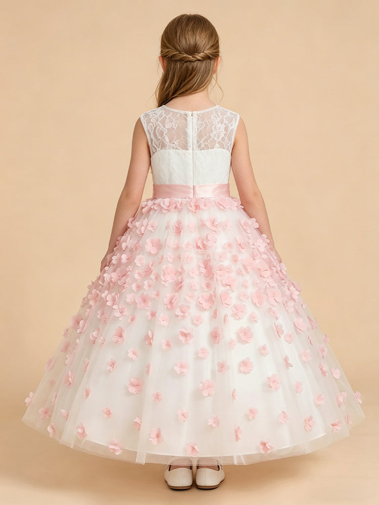 Tulle A-Line Crew Neck Long Flower Girl Dresses with 3D Flowers