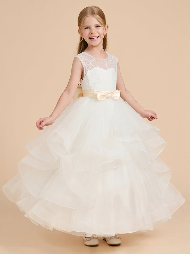 Organza A-Line Crew Neck Long Flower Girl Dresses with Lace Applique
