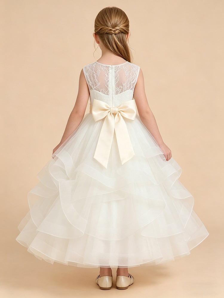 Organza A-Line Crew Neck Long Flower Girl Dresses with Lace Applique