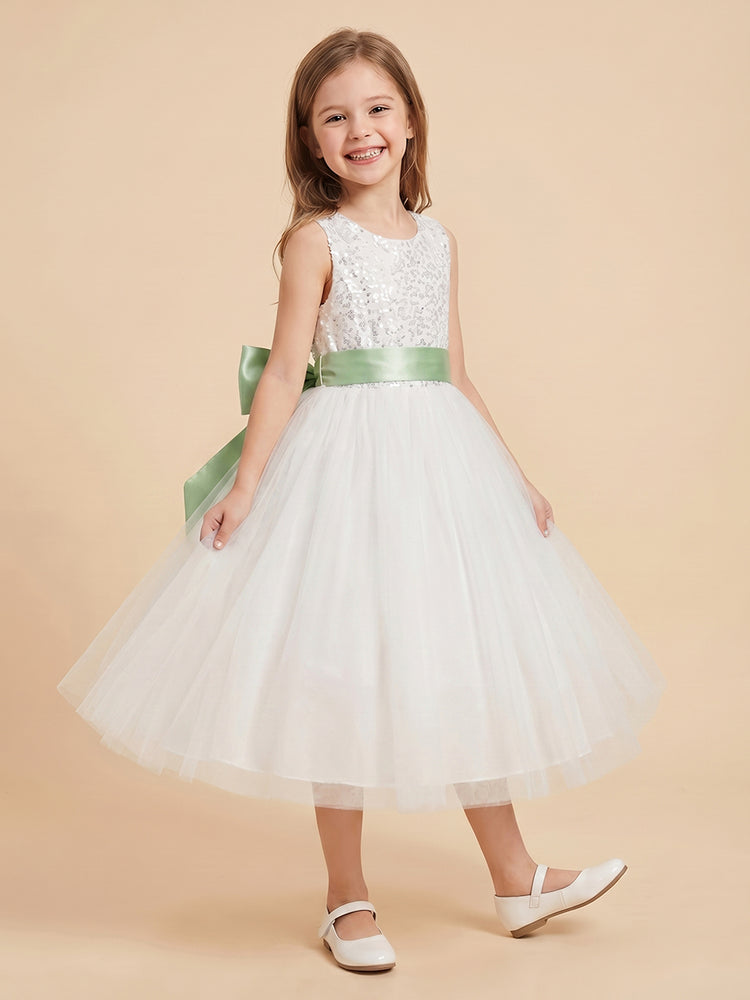 Tulle A-Line Crew Neck Long Flower Girl Dresses with Sequin