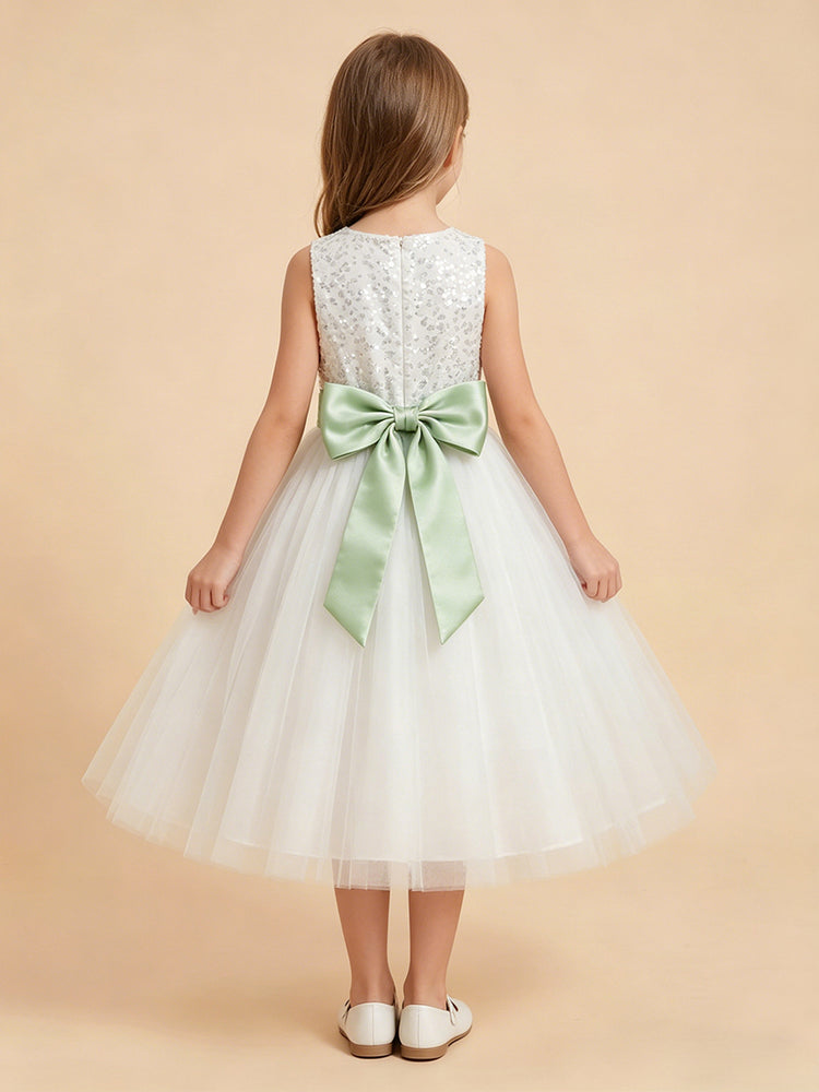 Tulle A-Line Crew Neck Long Flower Girl Dresses with Sequin