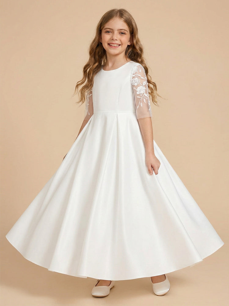 Satin A-Line Crew Neck Long Flower Girl Dresses with Lace Applique