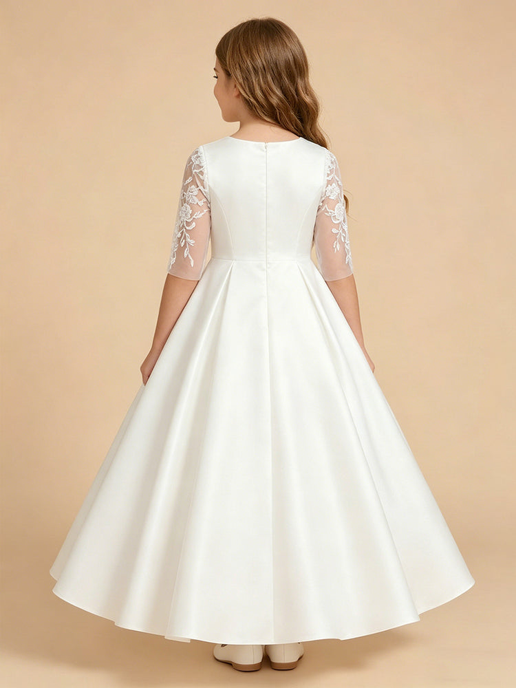Satin A-Line Crew Neck Long Flower Girl Dresses with Lace Applique