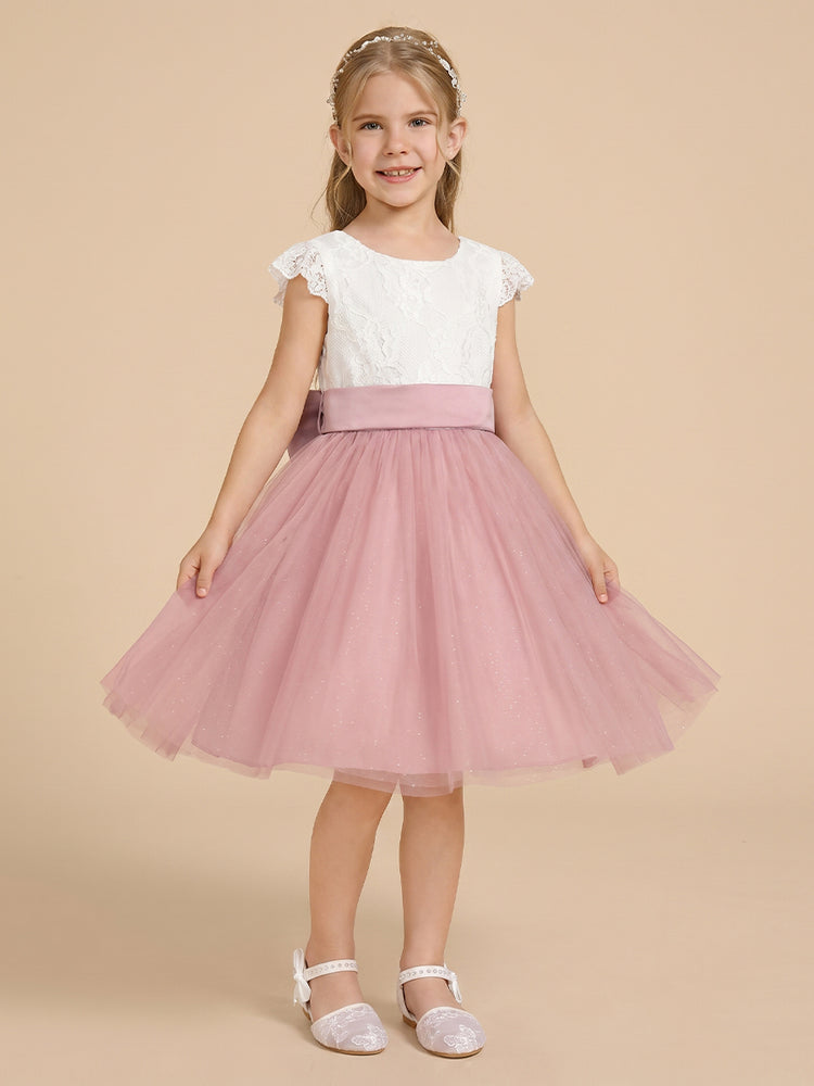 Tulle A-Line Crew Neck Long Flower Girl Dresses with Lace Applique