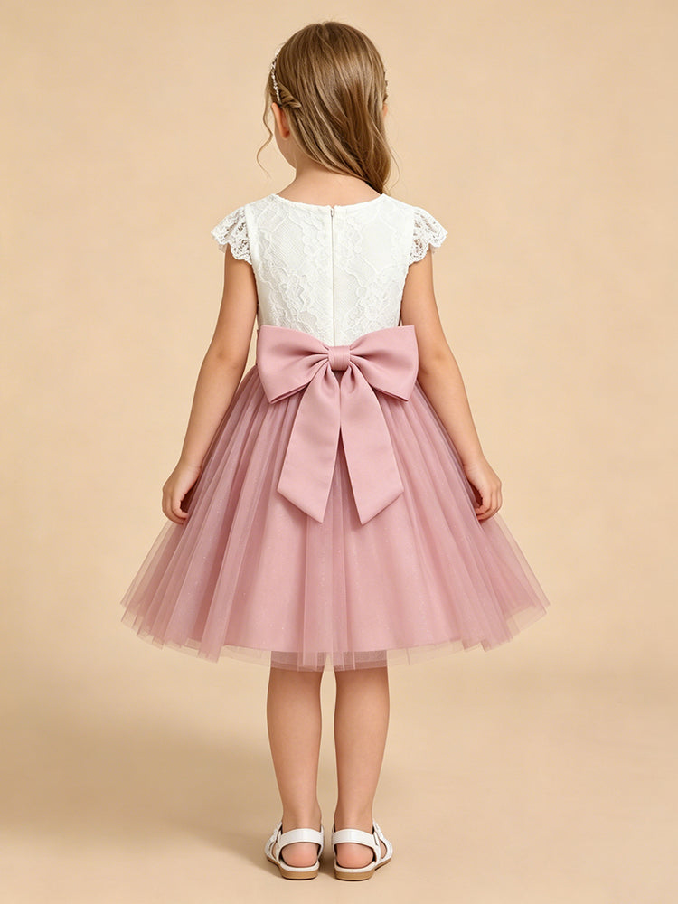 Tulle A-Line Crew Neck Long Flower Girl Dresses with Lace Applique