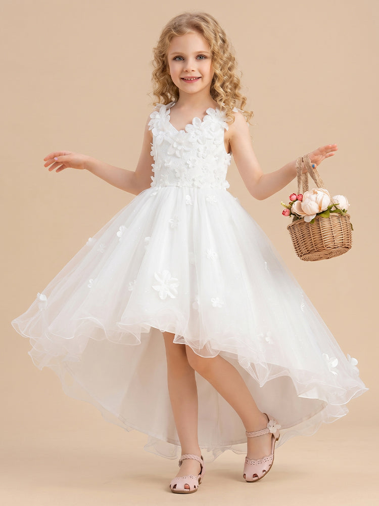 Tulle A-Line Crew Neck Long Flower Girl Dresses with 3D Flowers