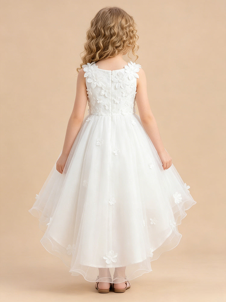 Tulle A-Line Crew Neck Long Flower Girl Dresses with 3D Flowers
