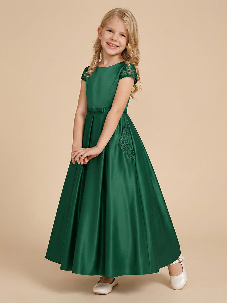 Satin A-Line Crew Neck Long Flower Girl Dresses with Applique