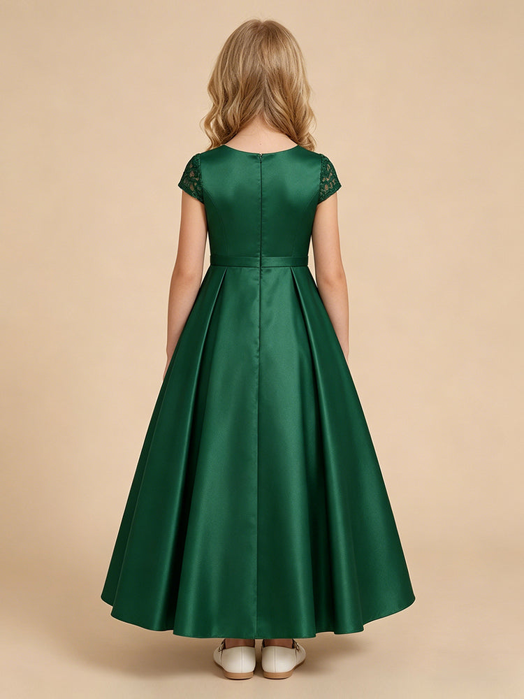 Satin A-Line Crew Neck Long Flower Girl Dresses with Applique