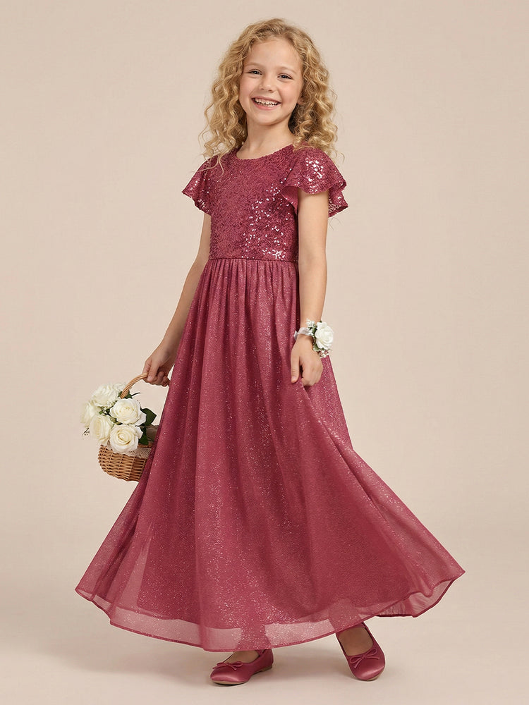 Chiffon A-Line Crew Neck Long Flower Girl Dresses with Sequin
