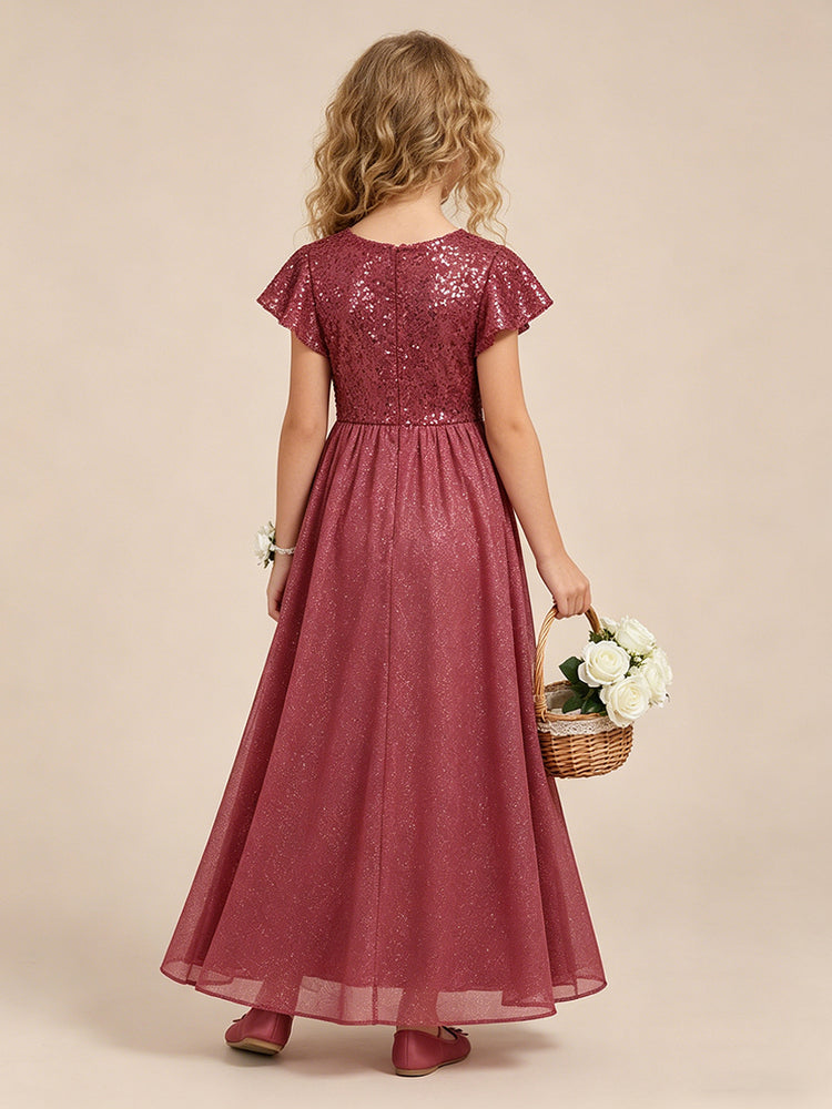 Chiffon A-Line Crew Neck Long Flower Girl Dresses with Sequin