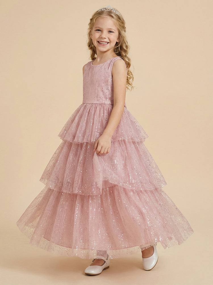 Tulle A-Line Crew Neck Long Flower Girl Dresses with Sequin