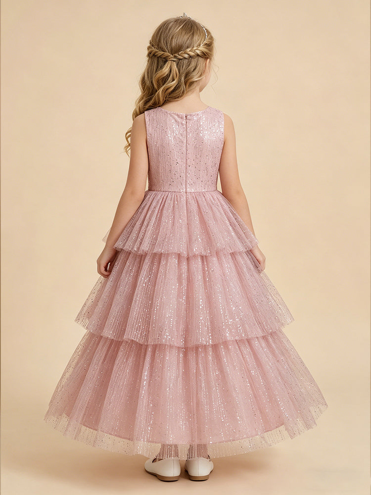 Tulle A-Line Crew Neck Long Flower Girl Dresses with Sequin
