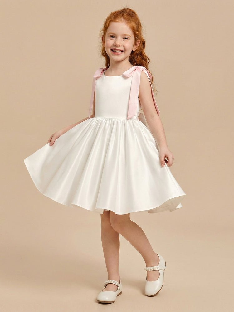 Satin A-Line Crew Neck Long Flower Girl Dresses with Bow