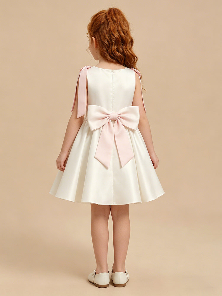 Satin A-Line Crew Neck Long Flower Girl Dresses with Bow