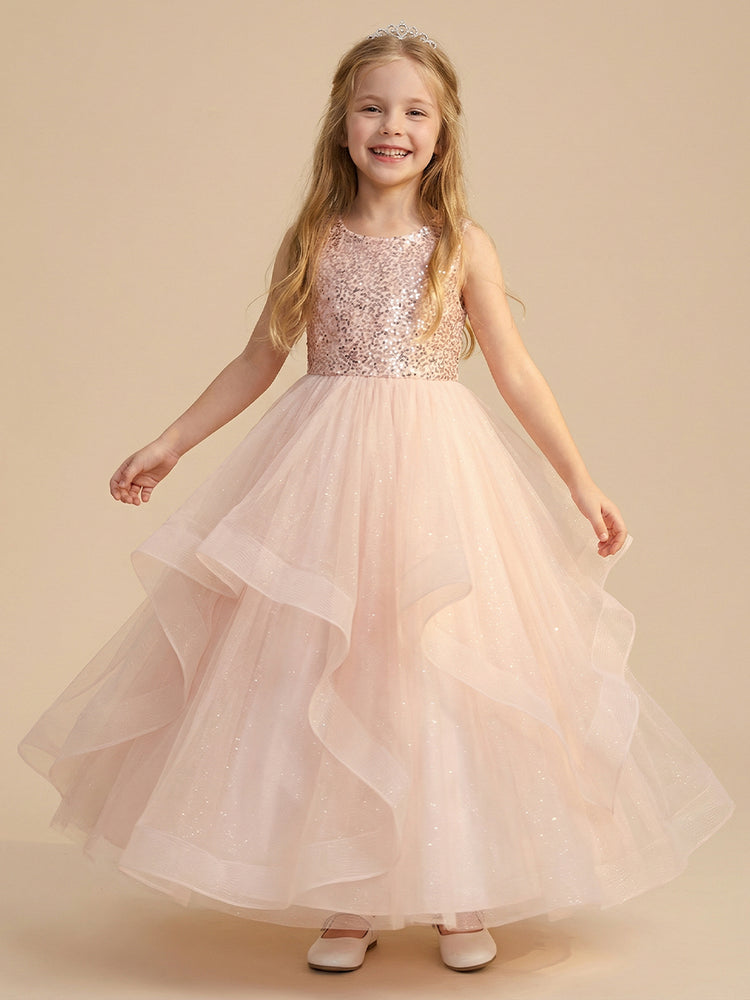 Tulle A-Line Scoop Neck Long Flower Girl Dresses with Sequin