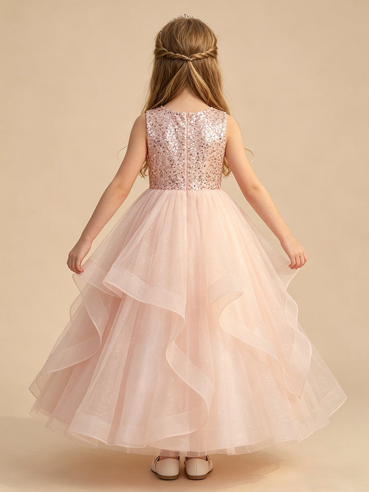 Tulle A-Line Scoop Neck Long Flower Girl Dresses with Sequin