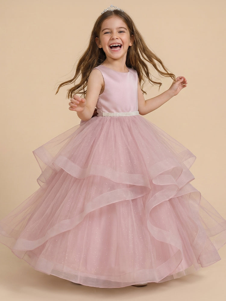 Organza A-Line Round Neck Long Flower Girl Dresses with Ruffles