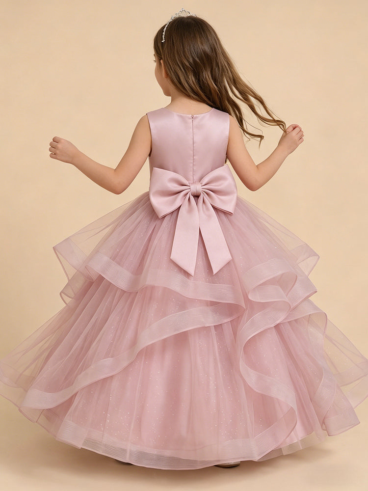 Organza A-Line Round Neck Long Flower Girl Dresses with Ruffles
