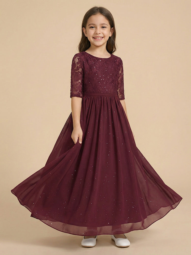 Chiffon A-Line Round Neck Long Flower Girl Dresses with Lace Applique