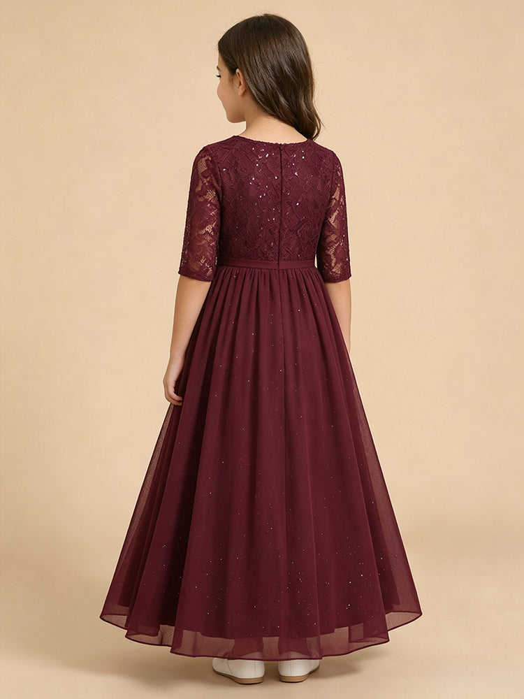 Chiffon A-Line Round Neck Long Flower Girl Dresses with Lace Applique