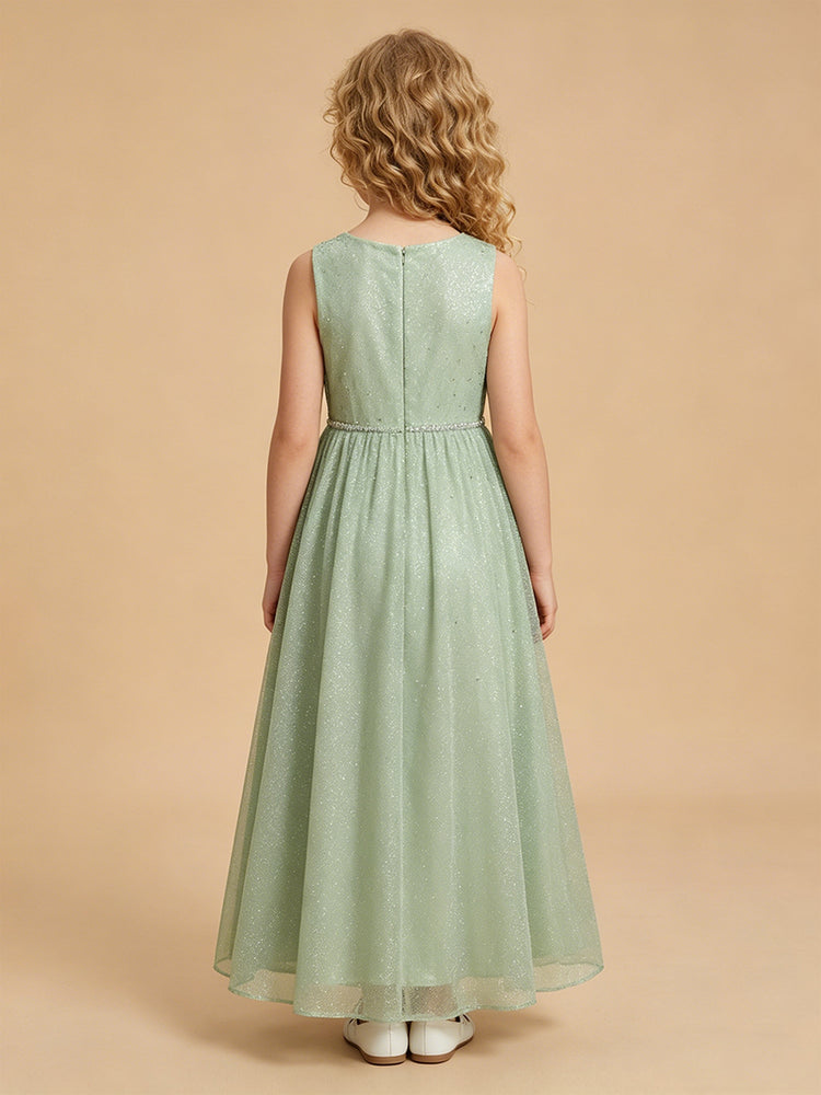 Chiffon A-Line Scoop Neck Long Flower Girl Dresses with Sequin