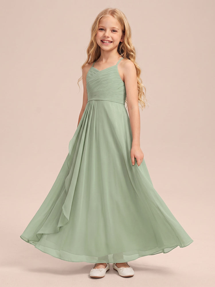 Chiffon A-Line Spaghetti Straps Long Flower Girl Dresses with Ruffles