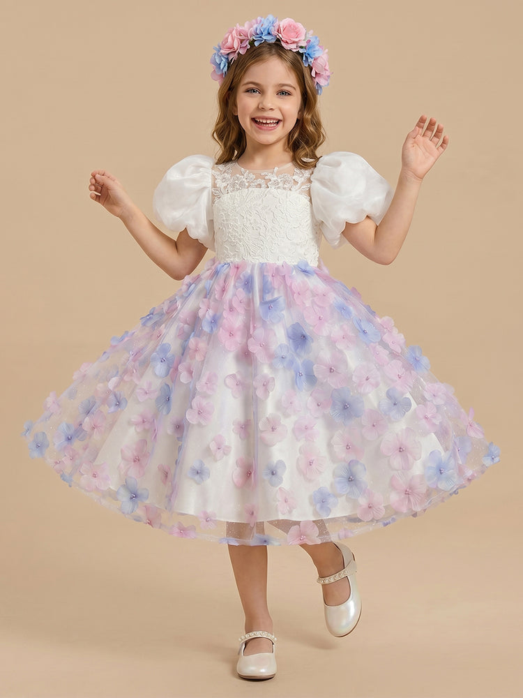 Tulle A-Line Crew Neck Long Flower Girl Dresses with 3D Flowers